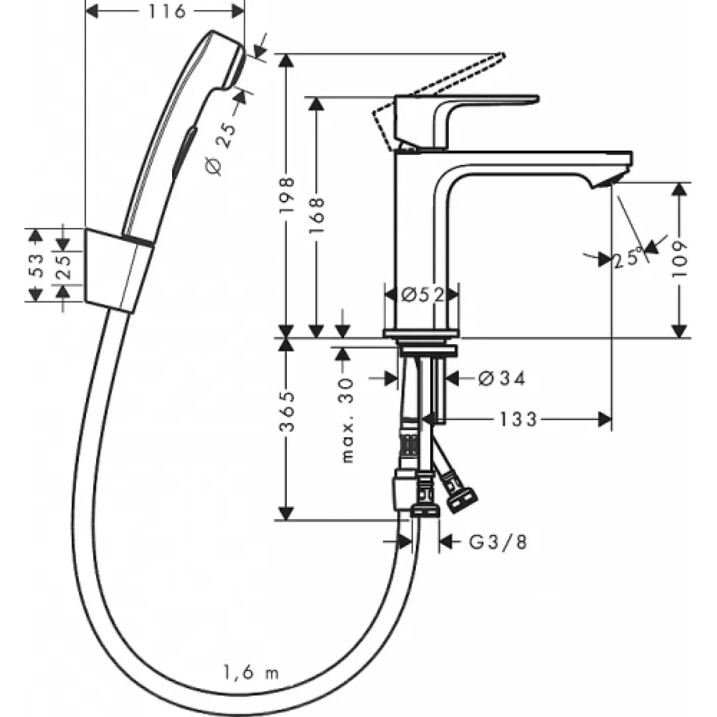 Змішувач для умивальника Hansgrohe Rebris S 110 з гігієнічним душем (72215000) - Фото 1